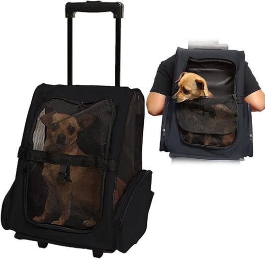 Portable Pet Travel Carrier & Backpack Luggage, Pet Carrier Stroller Trolley Bag with Wheels Soft-Sided Dog Cat Puppy Rolling Carrier with Telescopic Handle