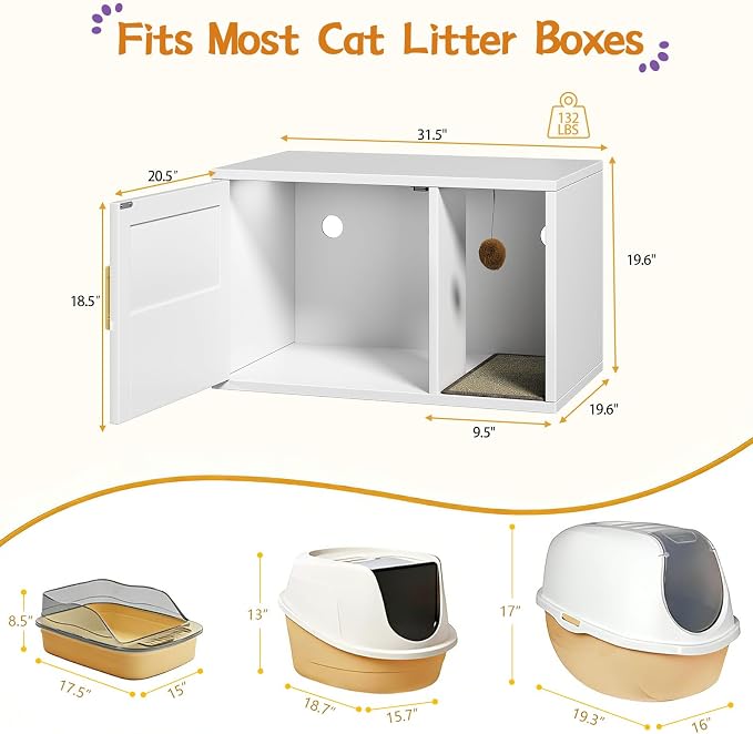 Cat Litter Box Enclosure, Hidden Litter Box Furniture with Door & Bell, Pet House Fit Most of Litter Box, White