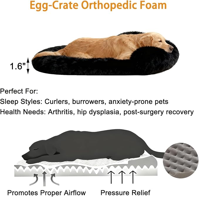 Orthopedic Dog Bed with Egg-Crate Base, Calming Dog & Cat Beds Long Plush with Raised Edges, Spine Friendly Pet Sleeping Mat for Small Medium Dogs, Machine Washable (Oval, Black 26"x20")