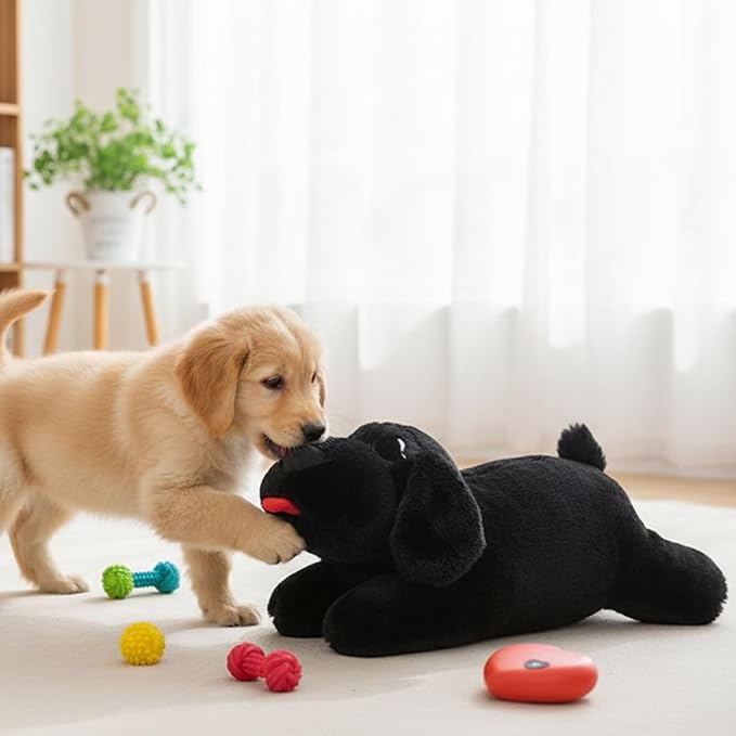 3T GROUP Dog Heartbeat Toy for Puppy Stuffed Animal with Heartbeat Toy Sleep Aid Essentials Anxiety Relief Behavioral Training Plush Pillow Black (Black)