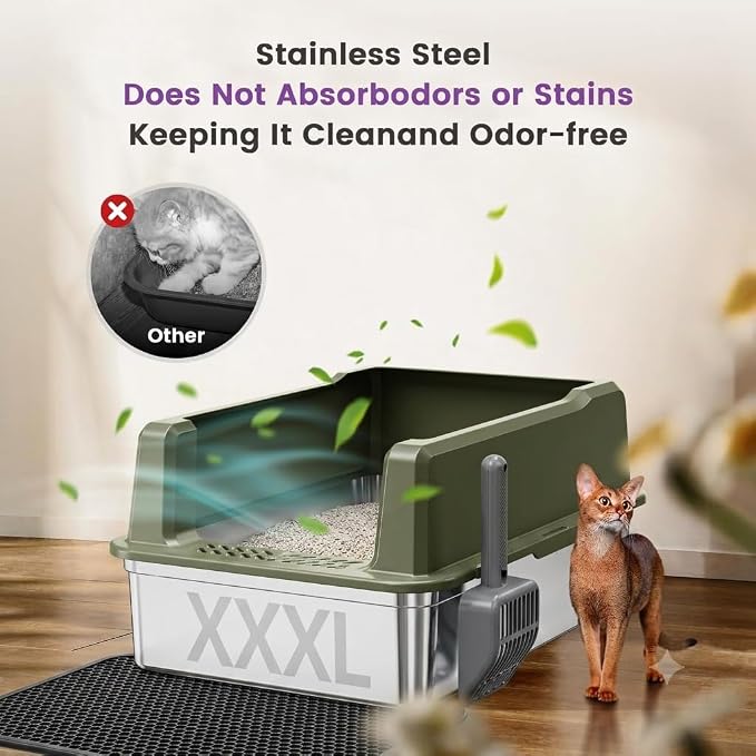 XXL Stainless Steel Cat Litter Box with Lid, 26" L x 18" W x 12" H Metal Litter Box with Hight Sides for Big Cats & Multiple Cats, Never Absorbs Odors, Anti-Urine Leakage, Easy Cleanin(Green)