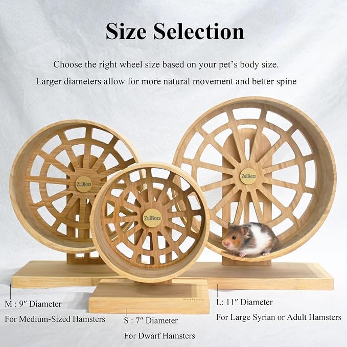 7" Silent Hamster Wheel, Carbonized Bamboo Exercise Spinner with Adjustable Stand for Dwarf Hamsters, Roborovski & Small Mice