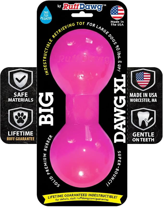Ruff Dawg Big Dawg Barbell XL Pink – Heavy-Duty Solid Rubber Dog Chew Toy for Medium to Large Dogs 40 lbs & Up – Floats & Bounces – Made in USA