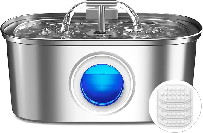 Cat Water Fountain Stainless Steel: 108oz/3.2L Cat Fountain with 4 Filters | Pet Drinking Fountains for Cats Inside - Automatic Cat Feeding & Watering Supplies - Water Level Window