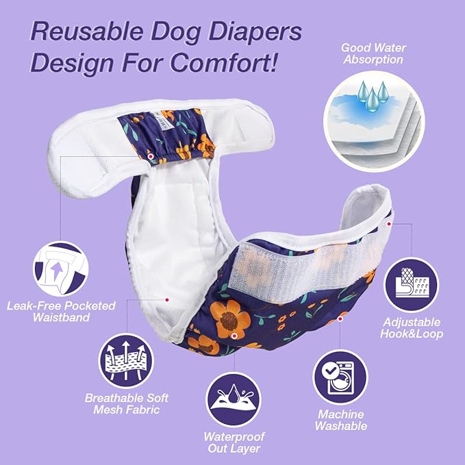 Pet Soft Washable Female Diapers (3 Pack) Female Dog Diapers, Comfort Reusable Doggy Diaper for Girl Dog in Period Heat (Cute Flower, L)