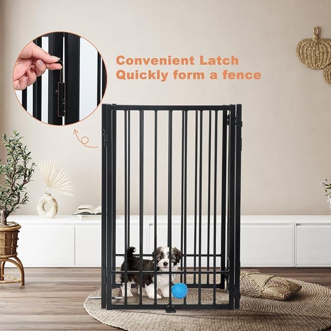 SMONTER Freestanding Dog Gate with Door Walk Through, 80.5'' Extra Wide Indoor Dog Fence, 31.5'' Height 4 Panels Foldable Metal Pet Puppy Gate for Stairs, Hallways, Doorway