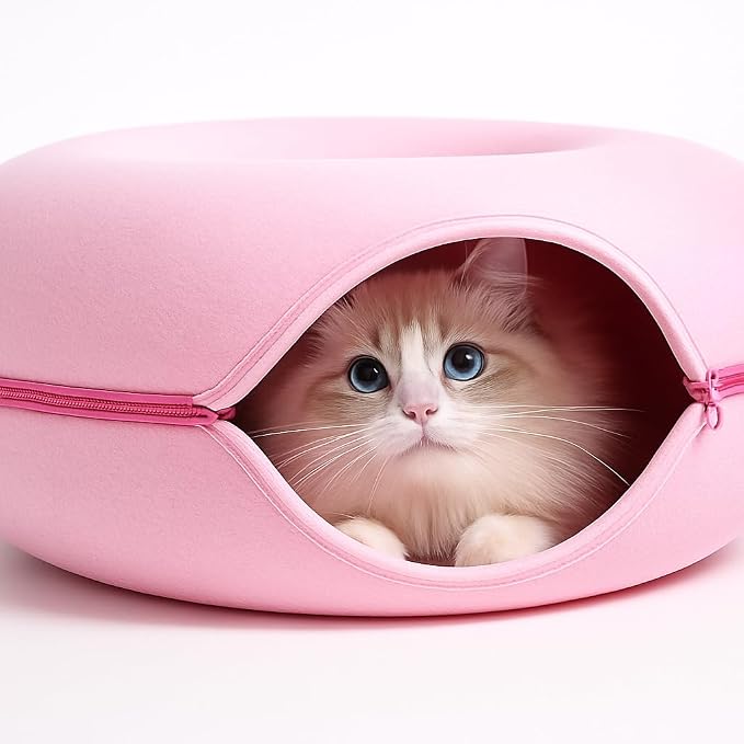 Pink Cat Tunnel & Donut Bed Cave for Indoor Cats – Large Felt Cat Toys Interactive Hideaway, No-Collapse, Scratch-Resistant, Washable Cat House, Cat Enrichment for Bored Indoor Cats & Kittens Gift Toy