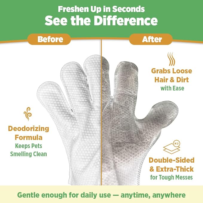 6pc. Premium Pet Glove Cleaning Wipes for Dogs & Cats | Textured, Deodorizing & Hypoallergenic Gloves with Aloe Vera & Shea Butter – Gentle, Skin-Safe Wipes for Fur, Face & Body, Odor Control