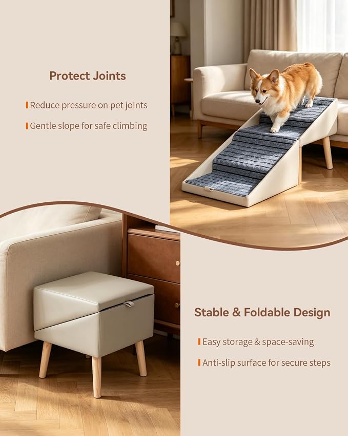 17.4" 4-Step Dog Ramp for High Bed, 2-in-1 Foldable Pet Steps & Ottoman | Non-Slip Joint Support, Wooden Dog Stairs for Couch,Space Saving for Small to Large Dogs, Puppies & Seniors