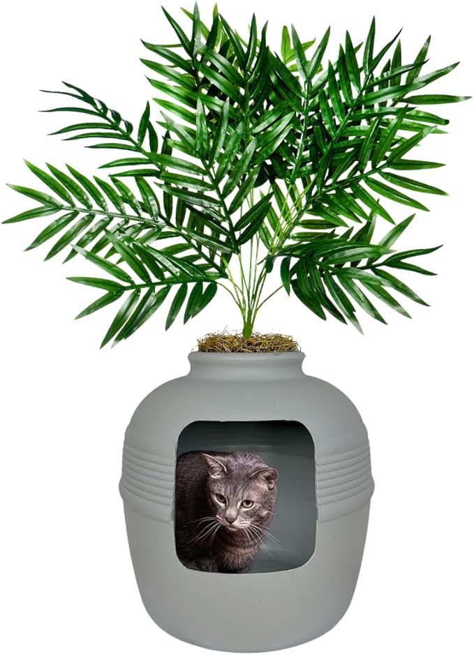 Good Pet Stuff Original Hidden Litter Box Planter, Decorative Cat Litter Enclosure, Carbon Filter, Faux Plant, Round Design, Easy to Clean, Base Kit, Palm Plant, Pebble Gray