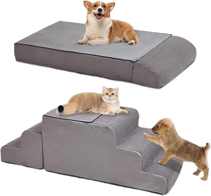 Dog Stairs for High Beds Up to 24-30"，Non-Slip 6 Steps Pet Stairs for Small Medium Dogs & Senior Cat，Washable Cover