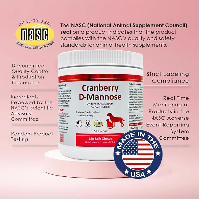 Cranberry D-Mannose Urinary Tract Support Supplement for Cats and Dogs - Cranberry Extract, D-Mannose, Vitamin C - Bladder and UTI Treatment - Made in USA - 120 Soft Chews