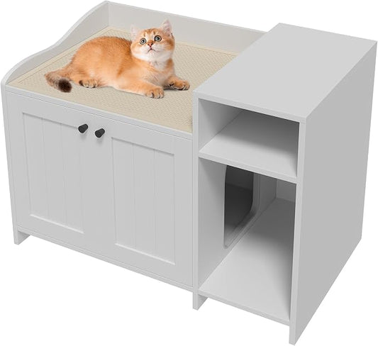 GarveeLife Cat Litter Box Enclosure Furniture, Hidden Litter Box Cabinet, Indoor Wooden Cat Washroom, Pet House, Dog Proof Hideaway Kitty Litter Box Enclosure, Side End Table with Storage, White