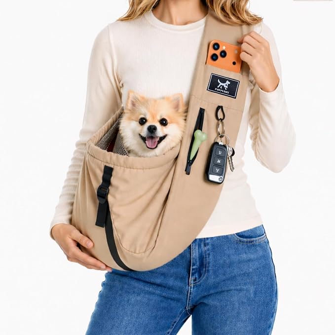 Pet Sling Carrier for Small Dogs and Cats 5-20lbs, Dog Sling with Adjustable Depth, Breathable Air Mesh Puppy Travel Bag, Water Resistant Fabric, Double Safety Leash, Machine Washable,Caramel