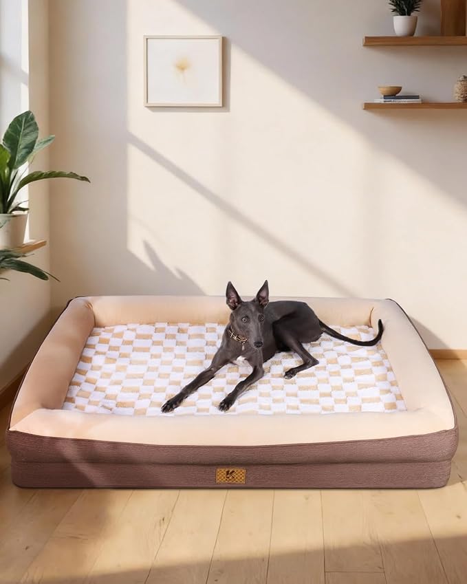 KSIIA Big Dog Bed for Extra Large Dogs, Orthopedic Egg-Crate Memory Foam Pet Bed with Sides, Waterproof Lining and Non Slip Pet Couch with Removable Washable Cover, 48 x 35 Inch, Brown