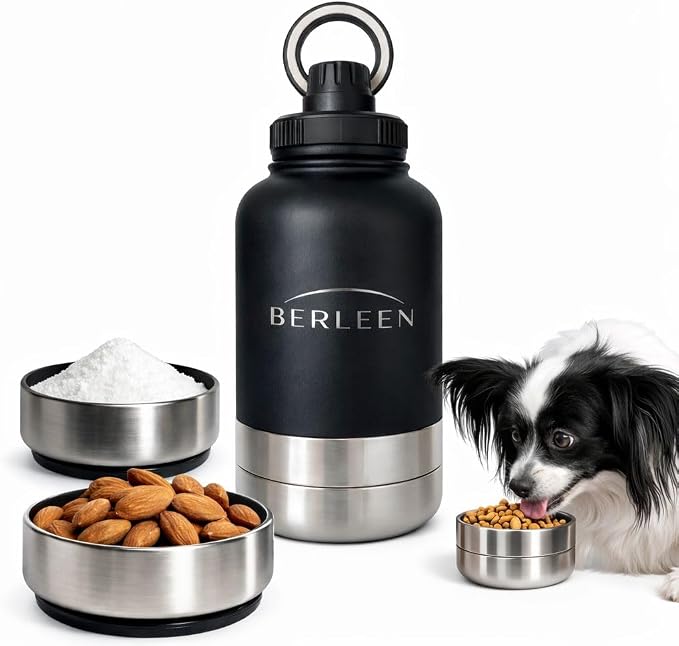 BERLEEN 3-in-1 32 oz Insulated Dog Water Bottle with Magnetic Lid, Bottle with Detachable Stainless Steel Bowls – Portable Travel Water & Food Container for Dogs, Leakproof, Ideal for Walking (Black)