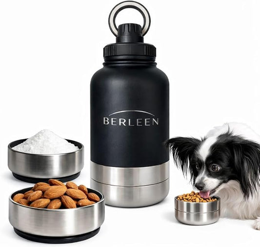 BERLEEN 3-in-1 32 oz Insulated Dog Water Bottle with Magnetic Lid, Bottle with Detachable Stainless Steel Bowls – Portable Travel Water & Food Container for Dogs, Leakproof, Ideal for Walking (Black)