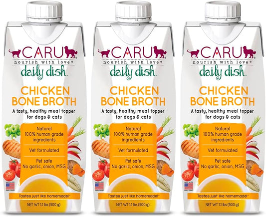 Caru - Daily Dish Chicken Bone Broth Meal Topper for Dogs & Cats - Savory Pour-Over Broth - 3 Pack