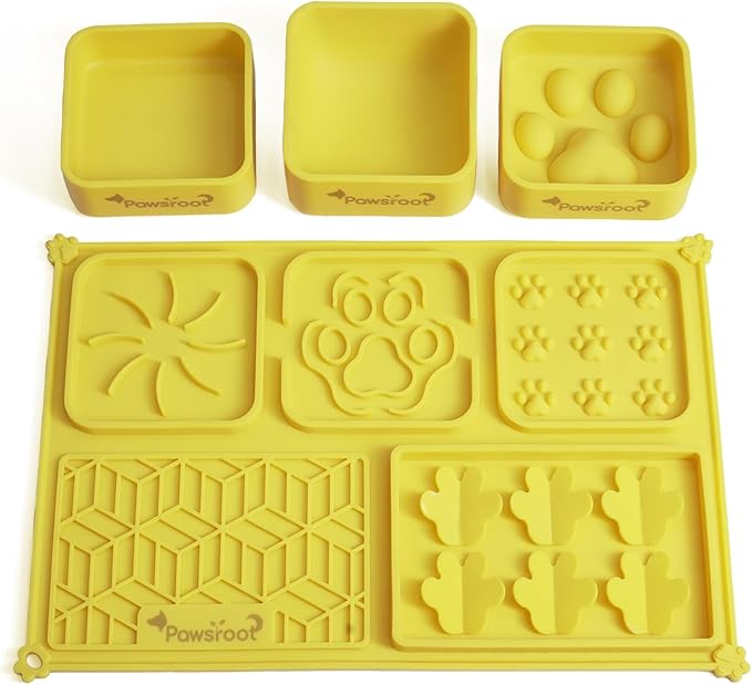 Extra Large Dog Lick Mat & Slow Feeder Bowl Set - XXL Silicone Enrichment Tray for Large Breeds - 2-in-1 Calming Puzzle Toy with 3 Removable Bowls (Honey Yellow)