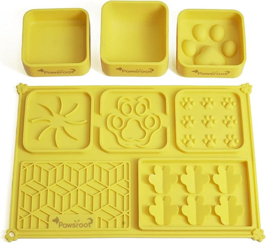Extra Large Dog Lick Mat & Slow Feeder Bowl Set - XXL Silicone Enrichment Tray for Large Breeds - 2-in-1 Calming Puzzle Toy with 3 Removable Bowls (Honey Yellow)