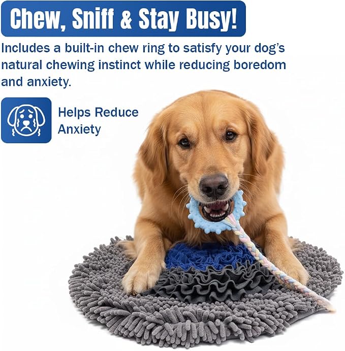 Muddy Mat® Round Chenille & Fleece Snuffle Mat for Dogs – Dual Material Dog Enrichment Mat with Chenille & Fleece Layers, Nonslip Waterproof Base, Interactive Slow Feeding & Stress Relief Mat 19"x19"