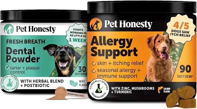 Virtual Bundle Allergy Support for Dogs + Dental Powder for Teeth Cleaning & Plaque Removal, Itch Relief, Skin & Coat Supplement with Salmon Oil & Probiotics