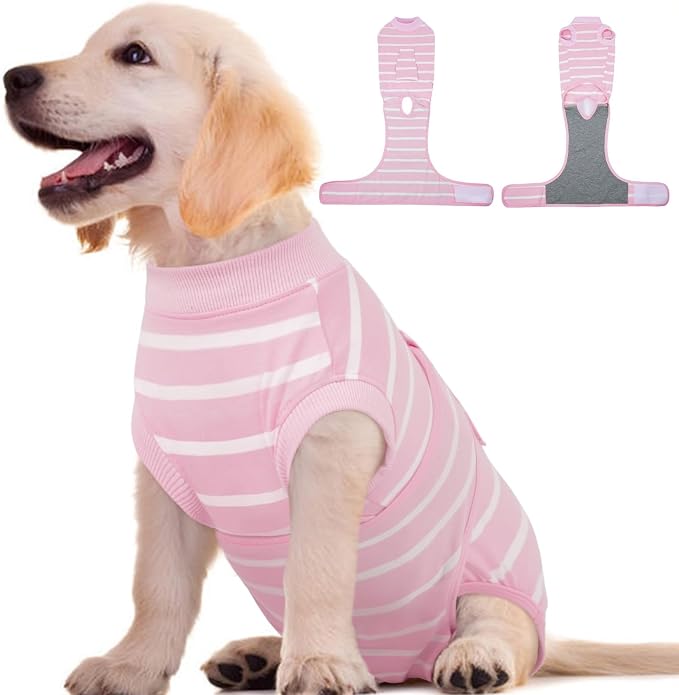 Kuoser Dog Surgery Recovery Suit, Soft Breathable Dog Recovery Suit for Female Spay Male Nueuter, Anti Licking Puppy Onesie Pet Surgical Suit for Dogs Abdominal Wounds Skin Disease, Pink Strips XS
