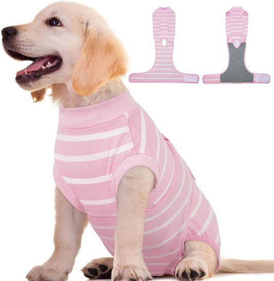 Kuoser Dog Surgery Recovery Suit, Soft Breathable Dog Recovery Suit for Female Spay Male Nueuter, Anti Licking Puppy Onesie Pet Surgical Suit for Dogs Abdominal Wounds Skin Disease, Pink Strips XS