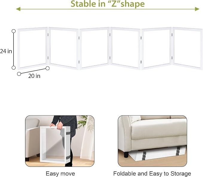 LZRS Extra-Wide Clear Dog Gate for Indoor Use - Transparent Pet Fence with Solid Hardwood and Plastic Board, Stylish & Durable freestanding Pet Gate for Doorways, Stairs and Hallways-6 Panel White