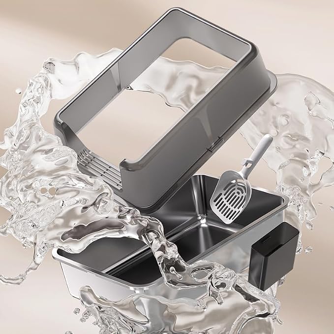 Stainless Steel Cat Litter Box with Lid, Enclosed Splash-Proof & Leak-Proof Design, Non-Stick Odor Control, Side Opening Metal Pan, Includes Scoop for Adult Cats-Black
