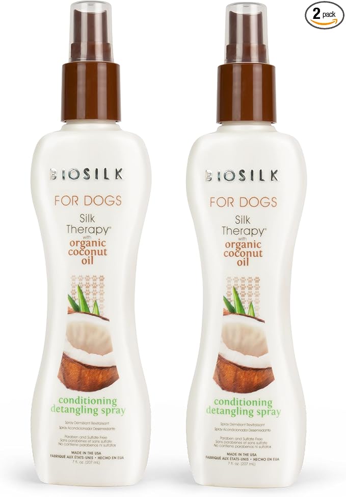 BioSilk Silk Therapy Conditioning Detangling Spray for Dogs with Natural Coconut Oil, Leave-in Detangler and Conditioner, Dematting Grooming Spray, Sulfate Free, 7 Fl Oz - 2 Pack