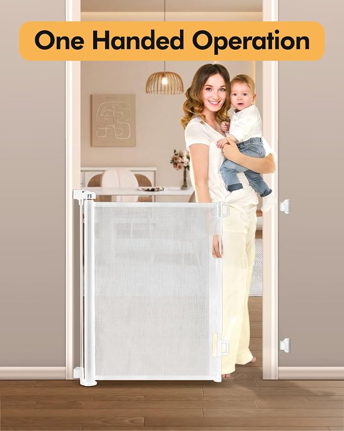 Retractable Baby Gate for Stairs & Doorways,71" Wide x 33.6" Tall Easy Installation Mesh Dog Gate for Indoor & Outdoor Use,Pet and Dog Safety Gate for Hallways(White)