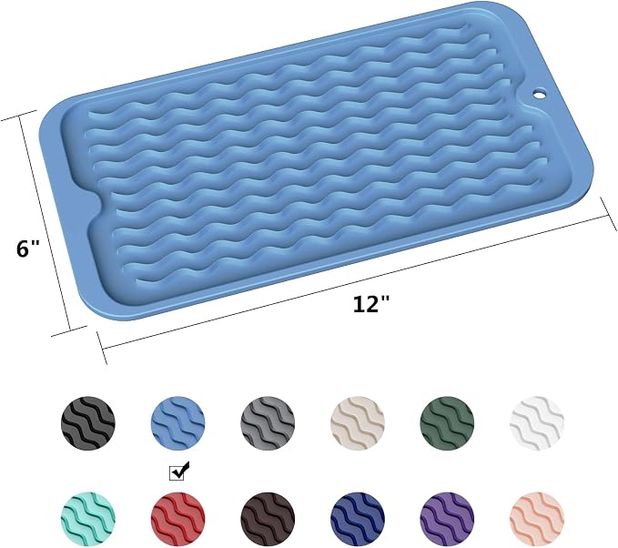 ZLR Silicone Sink Caddy Tray (6" x 12" / 153 x 305mm) - Narrow Sponge Holder for Kitchen Counter - Waterproof Dish Drying Mat, Non-Slip Soap Dispenser Mat & Bathroom Vanity Organizer (Lichen Blue)