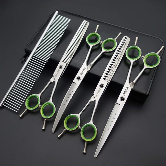 7.0 inches Professional Dog Grooming Scissors Set Straight & thinning & Curved & chunkers & comb 5pcs in 1 Set for left-handed & right handed