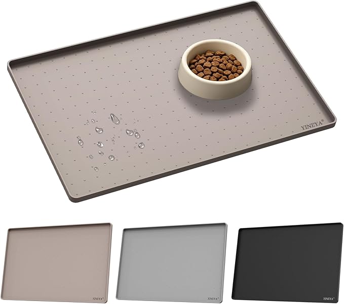 YINEYA Silicone Dog & Cat Food Mat Waterproof 22" x 14", Raised Edge Dog Bowl Mat for Food and Water, BPA-Free Non-Slip Pet Feeding Mats for Floors, Multifunctional Silicone Mat (Taupe)