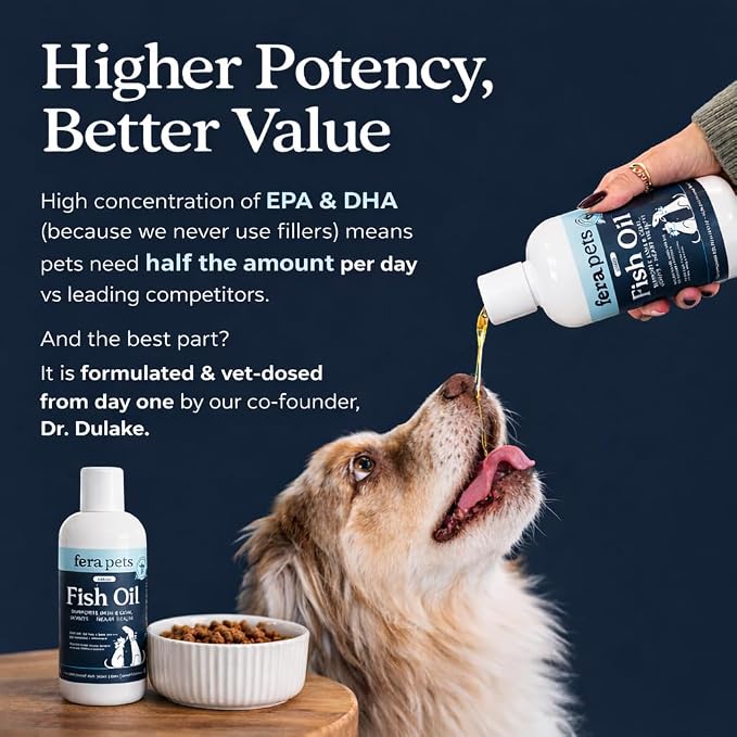 Fera Pets Fish Oil - Omega 3 for Dogs & Cats to Support Joints, Heart, Skin and Coat Health - Non GMO with Vitamin E - 16 oz