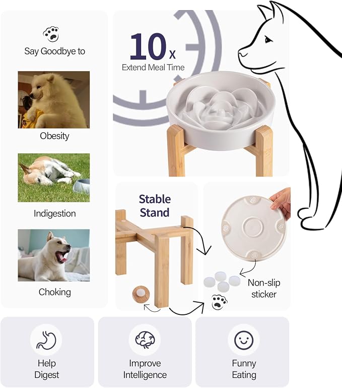 White Ceramic Slow Feeder Dog Bowl for Small and Medium Breed,Elevated/Raised 6.1 in Slow Feeding Bowl,Puzzle Dog Food Bowl for Fast Eater,Maze Dish for Fast Eater