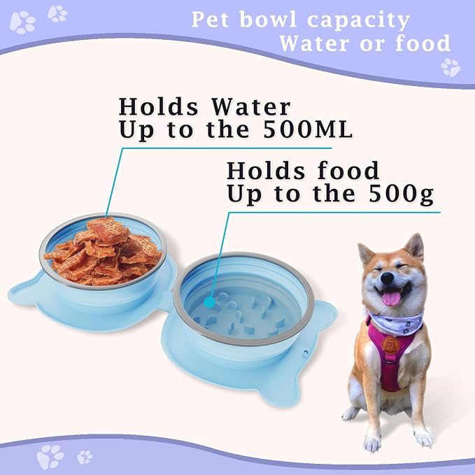 Dog Bowls Pet Collapsible Bowl Slow Feeder Outdoor, Dog Travel Bowls Portable Foldable Cat Water Dish Bowl for Pets Walking Parking Camping (Blue(Two Bowl Slow Feeder))