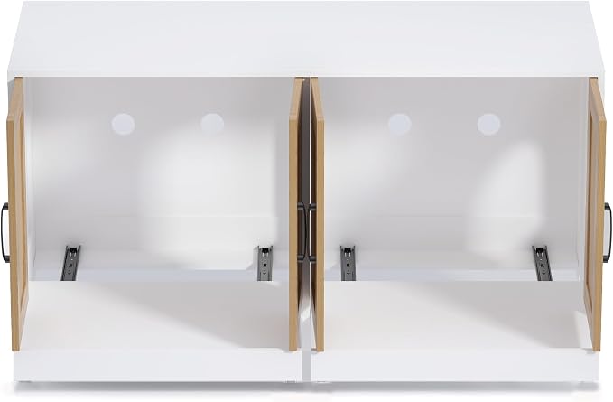 Double Room Litter Box Enclosure, 47 Inch 2 Cats Hidden Litter Box Furniture with Sisal Doors and Sliding Bottom Drawers, Wood Indoor Cat Cabinet TV Stand White