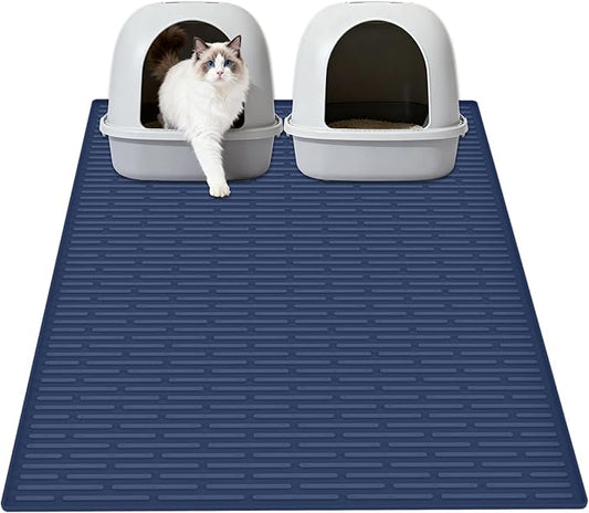 XXL Extra Large Silicone Cat Litter Trapping Mat for Scatter Control, 40"x30"(100cmx75cm) Waterproof Kitty Litter Box mat for Floor, Soft on Kitty Paws, Easy to Clean, Dark Blue