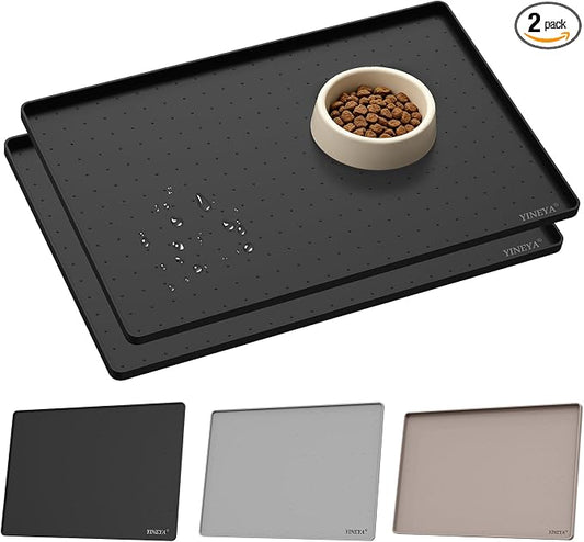 YINEYA 2 Pack Silicone Dog & Cat Food Mat Waterproof 22" x 14", Raised Edge Dog Bowl Mat for Food and Water, BPA-Free Non-Slip Pet Feeding Mats for Floors, Multifunctional Silicone Mat (Black)