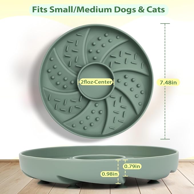 Silicone Dog & Cat Slow Feeder Bowl Lick Mat with Strong Suction Cups, Anti-Spill Design, Multi-Textured, Extend Mealtime, Reduce Anxiety, Dishwasher Safe, All Breeds & Ages (Green)