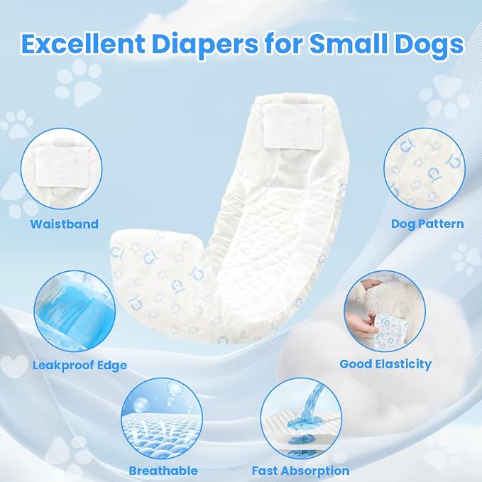90 Count Dog Diapers Male, Disposable Small Male Dog Wraps Super Absorbent Puppy Doggie Diapers for Heat Excitable Urination Incontinence Waist 11-16.5 inch Small Dog - Blue