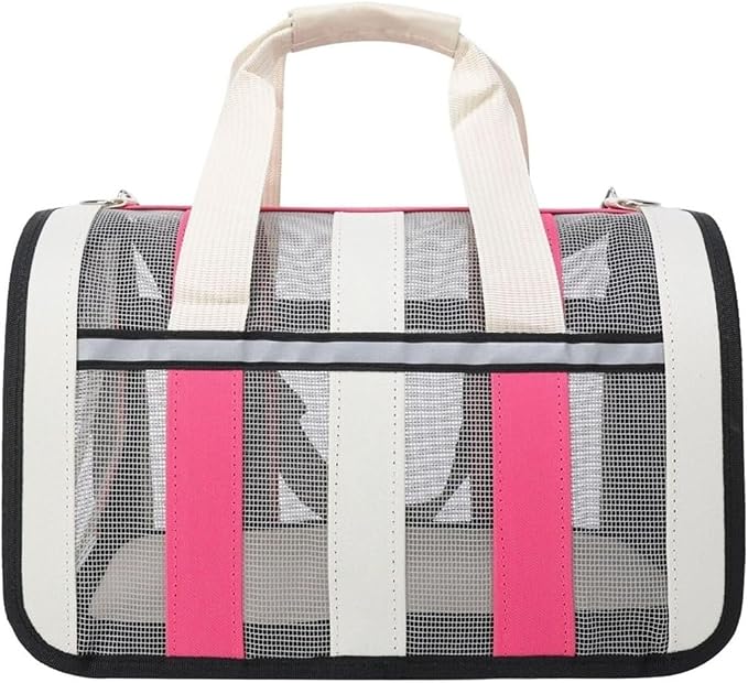 Handheld Foldable Single-Shoulder Dog Bag Large Capacity Cat Four-Season Outdoor Pet Mesh Breathable Portable Backpack(Rose redand White,L)