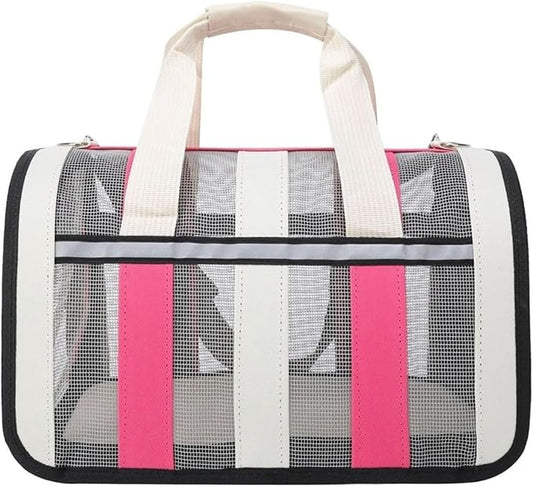 Handheld Foldable Single-Shoulder Dog Bag Large Capacity Cat Four-Season Outdoor Pet Mesh Breathable Portable Backpack(Rose redand White,L)