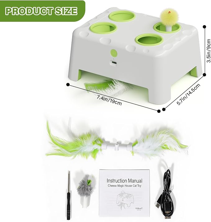 Magic House Interactive Cat Toy with 3 Modes, Rechargeable Whack-a-Mole Feather Toy for Indoor Cats, 4 Holes & 4 Accessories
