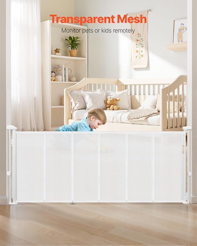 VEVOR Retractable Baby Gate, 34 inch Tall, Extends up to 71 inch Wide, Retractable Gate for Kids or Pets, Mesh Material, Easy to Install for Indoor Stairs, Doorways, Hallways, Playrooms, White
