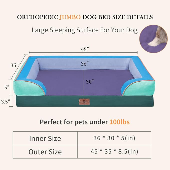 Comfort Expression Orthopedic Dog Bed for Extra Large Dogs 45x35 Inch, Waterproof Egg Crate Foam XL Pet Bed with Bolsters, Dog Couch with Washable Cover & Non-Slip Bottom, Violet Tide