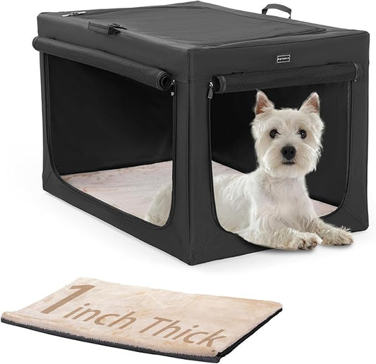 PETSFIT Portable Dog Crate for Small Dogs, – 24" Soft Dog Travel Crates with Lockable Zippers & Thicken Mat, Adjustable Patented Spiral Steel Frame, Collapsible Kennel for Indoor & Outdoor