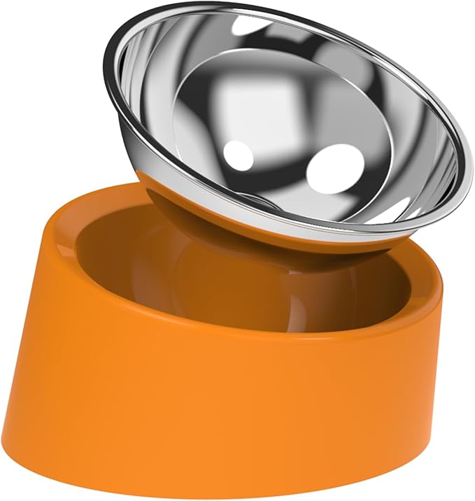 15° Tilted Dog Bowl Slow Feeder – Slanted Food & Water Dish, Anti-Choke Anti-Gulping for Small-Medium Dogs Cats, Non-Spill Weighted Base, Medium (M) 350ml Orange